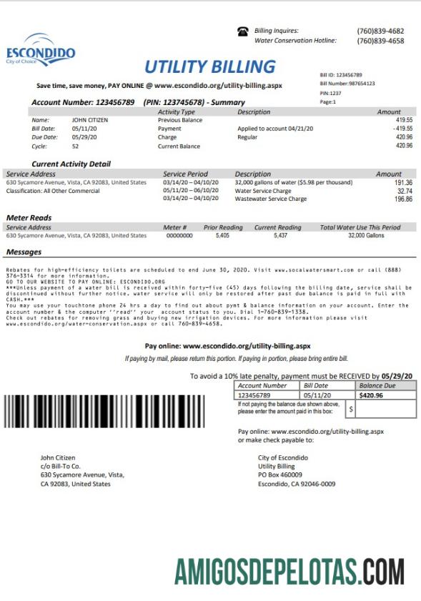 Para baixar modelo de conta de serviços públicos da cidade escolhida de Escondido, EUA, Califórnia, em formato Word e PDF